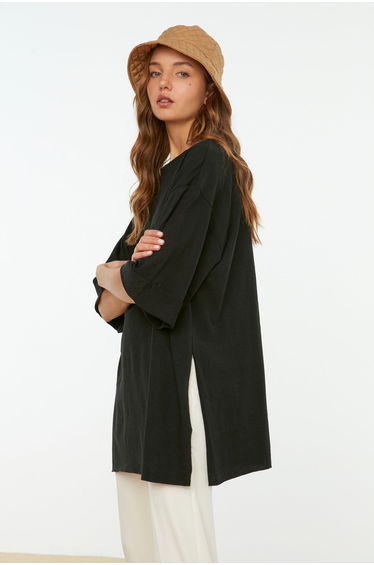 Black Double Sleeve Wide Cut Asymmetrical Boyfriend Knitted T-Shirt
