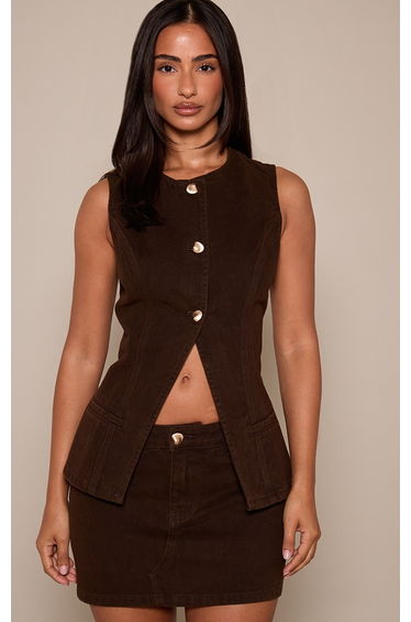 Petite Dark Chocolate Trim Detail Denim Vest Top