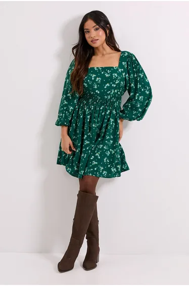 Petite Green Ditsy Square Neck Blouson Sleeve Tie Back Mini Dress