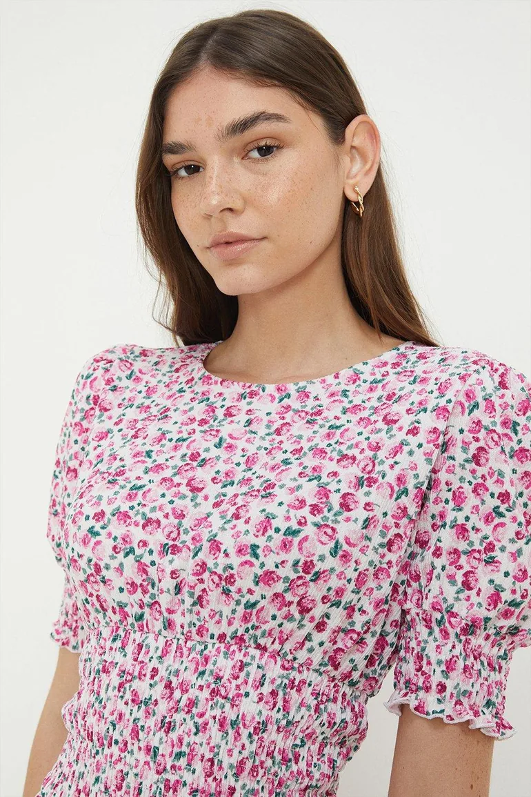 Pink Ditsy Shirred Waist Midi Dress - 2