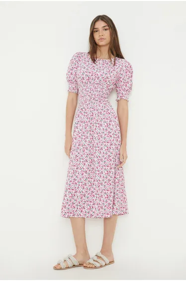 Pink Ditsy Shirred Waist Midi Dress