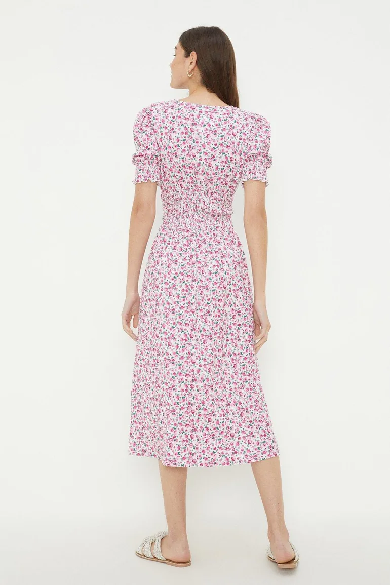 Pink Ditsy Shirred Waist Midi Dress - 3