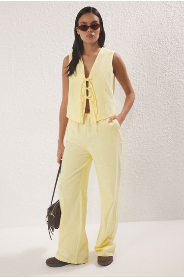Yellow Bow Linen Look Blouse and Wide Leg Trousers Woven Bottom-Top Set