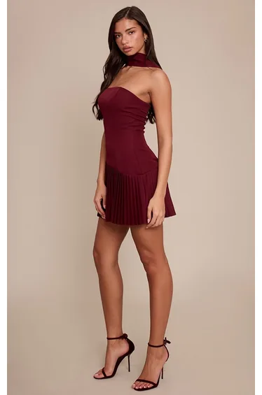 Wine Bandeau Scarf Detail Pleated Mini Dress