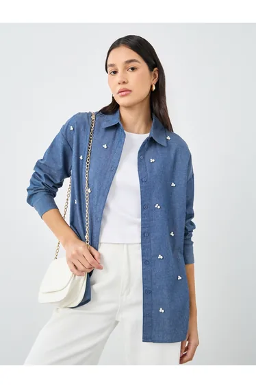 Embellished Long Sleeve Denim Shirt