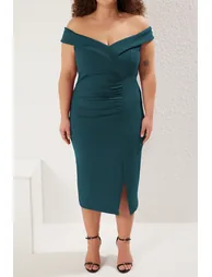 Emerald Green Bodycon Shirred Detail Knitted Plus Size Dress - 2