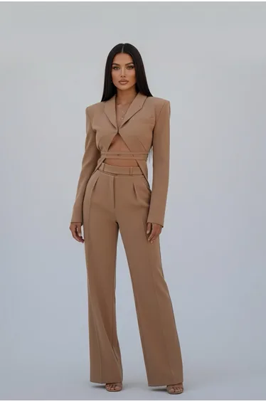 LISBON CAMEL CROPPED BELTED SET