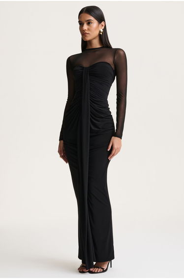Cadenza | Black Crew-Neck Maxi Dress With Mesh And Gathered-Detailing