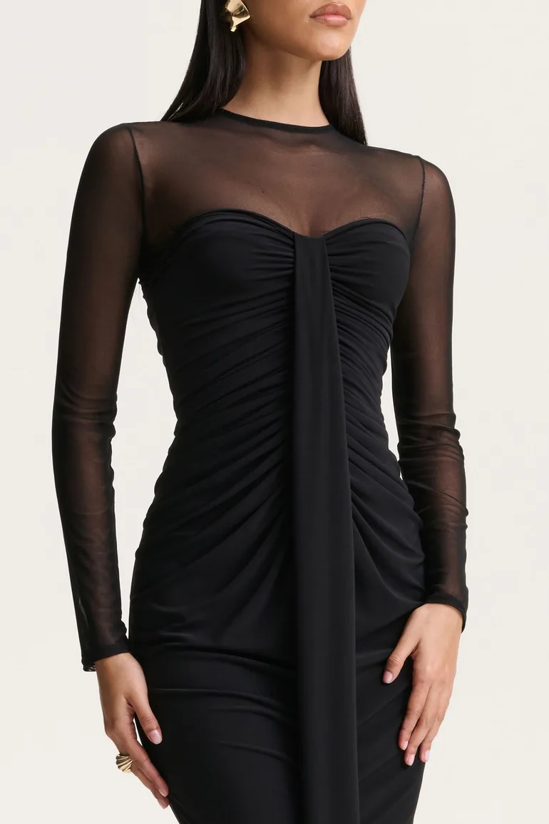 Cadenza | Black Crew-Neck Maxi Dress With Mesh And Gathered-Detailing - 2