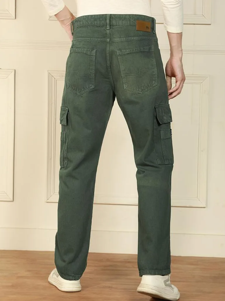 Mid Rise Relaxed Fit Solid Cargo Jeans - 1