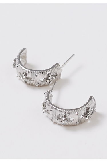 Textured C-Shape Rhinestone Earrings