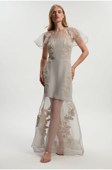 Quilted Applique Organdie Angel Sleeve Woven Maxi Dress