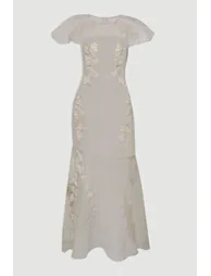 Quilted Applique Organdie Angel Sleeve Woven Maxi Dress - 3