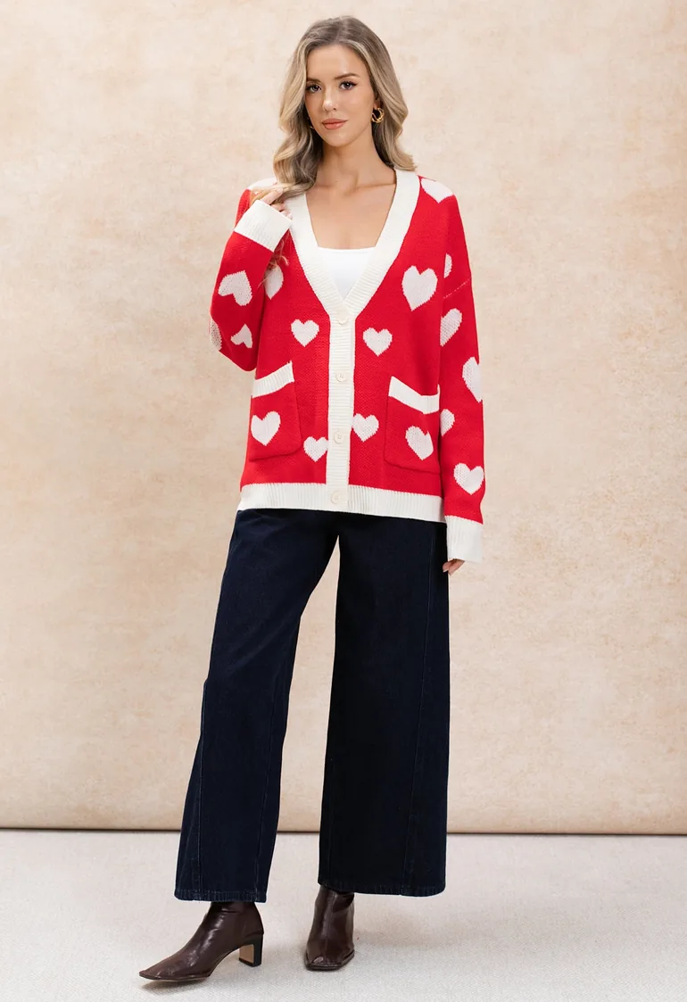 Heart Motif Patch Pockets Oversized Knit Cardigan in Red