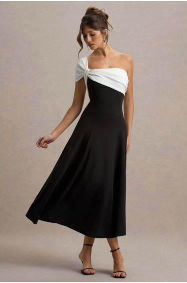 Malta | Black & White One-Shoulder Midi Dress