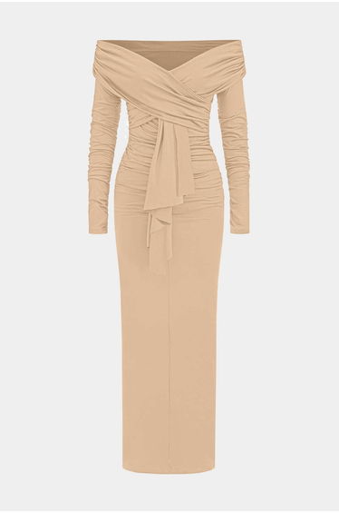 Ruched Off Shoulder Drape Detail Maxi Dress