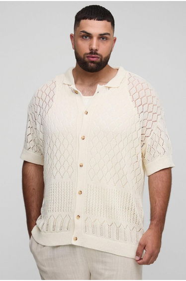 Plus Open Stitch Crochet Relaxed Polo Shirt