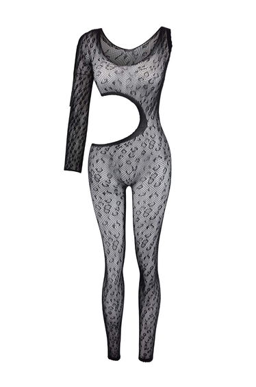 Black Lace Cut Out Detailed Single Sleeve Capless Body Stocking/Fantasy Body