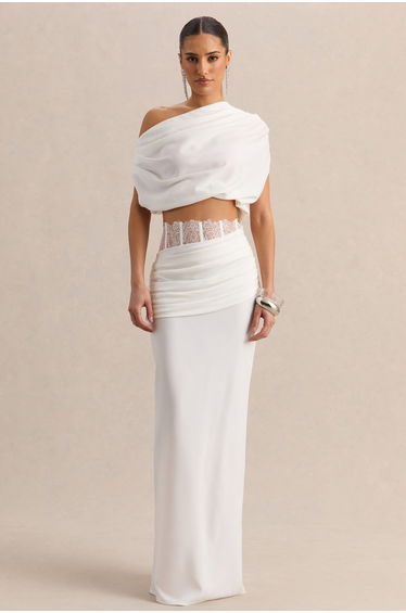 Silora | White Satin Maxi Skirt With Lace-Detail