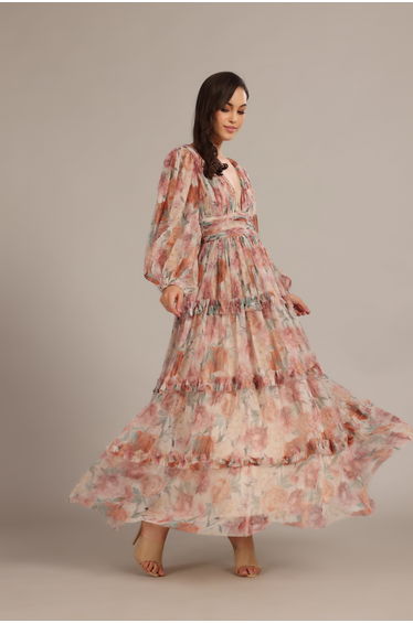 Lydia Maxi Dress in Light Brown Floral