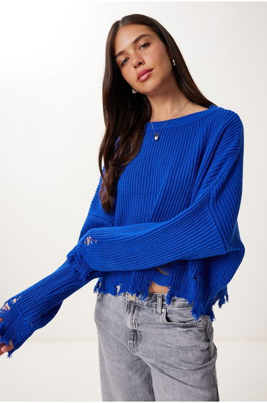 Women's Dark Blue Ripped Detail Oversize Knitwear Sweater