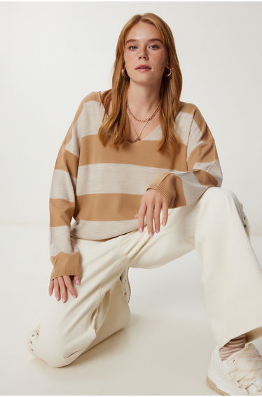 Women's Camel Stone Striped Oversize Knitwear Sweater