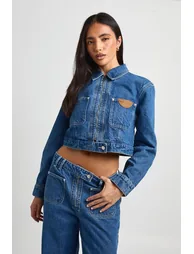 Tab Detail Zip Front Denim Jacket - washed indigo