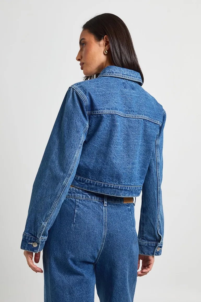 Tab Detail Zip Front Denim Jacket - washed indigo - 1