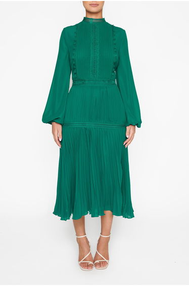 Green A-Line Midi Smock Dress with Long Sleeve