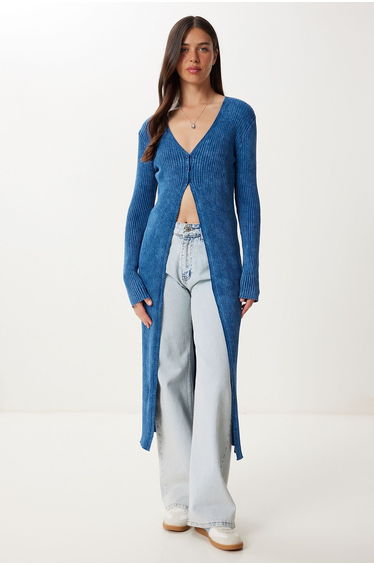 Women's Indigo Blue Washed Long Knit Cardigan