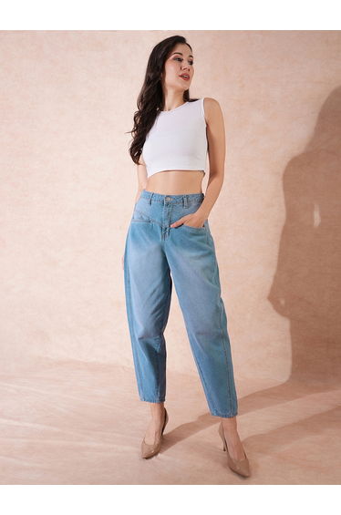 High-Rise Clean Look Barrel Fit Ankle Length Jeans
