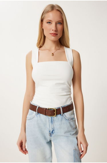 Women's Bone Square Neck Gathered Stretchy Knitted Blouse