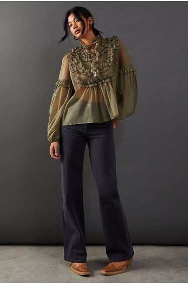 Premium Crinkle Stripe Organza Frill Pleated Top