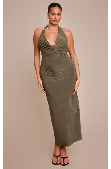 Plus Olive Slinky Halterneck Buckle Detail Maxi Dress