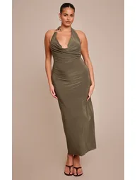 Plus Olive Slinky Halterneck Buckle Detail Maxi Dress