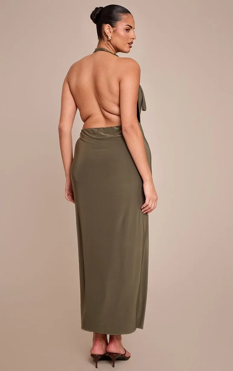 Plus Olive Slinky Halterneck Buckle Detail Maxi Dress - 1