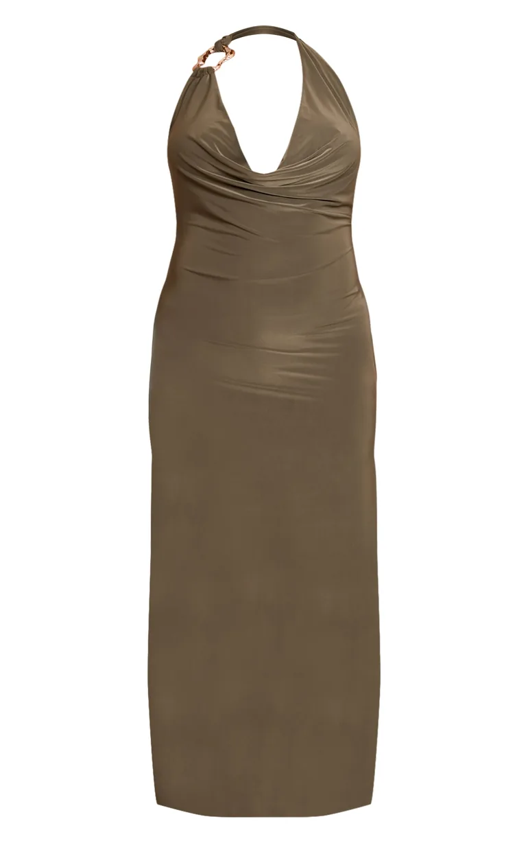 Plus Olive Slinky Halterneck Buckle Detail Maxi Dress - 4