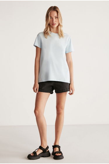 Samantha Women's 100% Organic Cotton Comfort Fit Long Back Basic Knitted Light Blue T-shirt