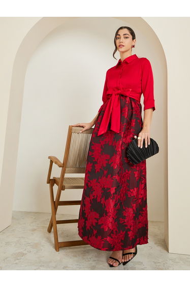 Women Red Floral Tie-Up A-Line Maxi Dress