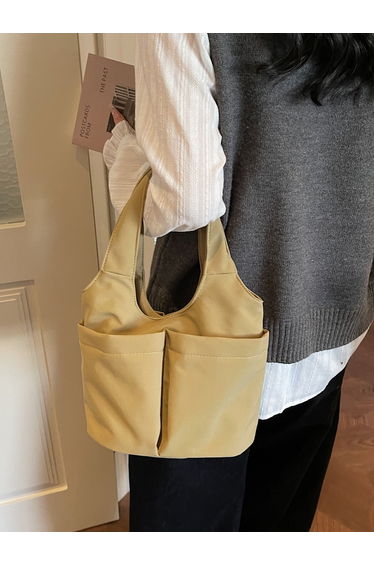 Beige Shoulder Bag with Button Closure