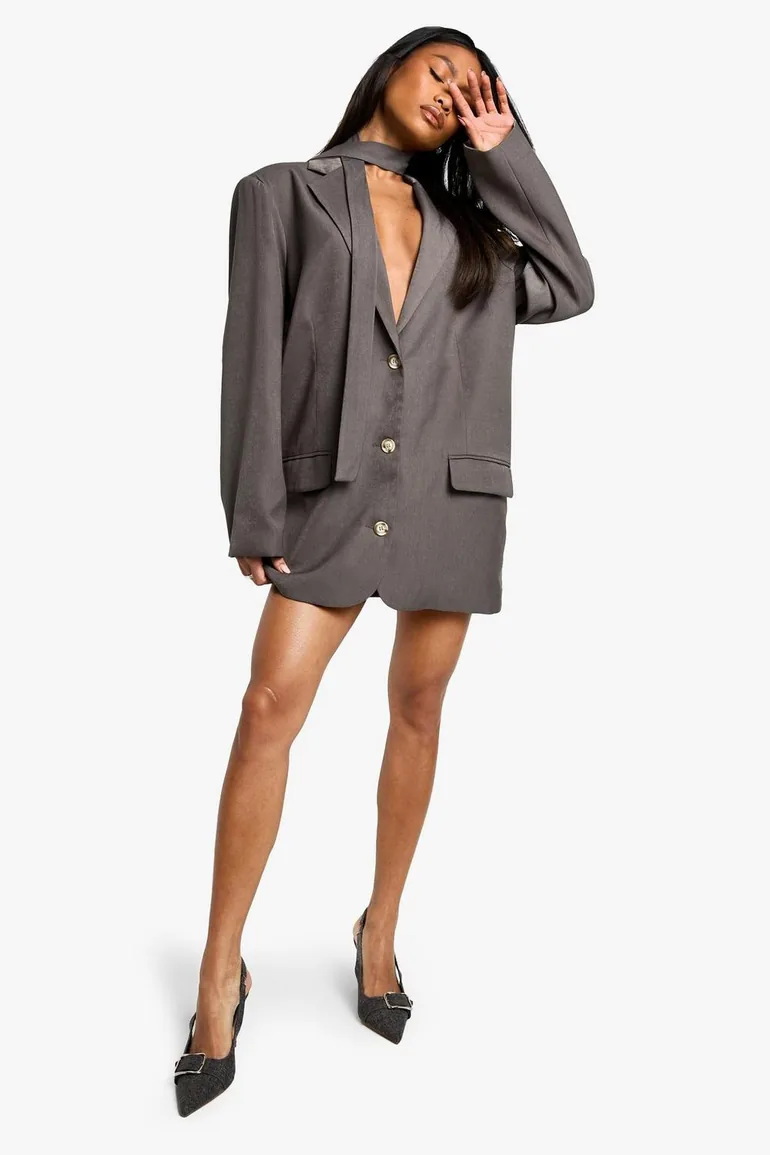 grey oversized blazer dress boohoo Women's Tailored Oversized Boxy fit Scarf Detail Blazer Dress in Grey | Size: 6