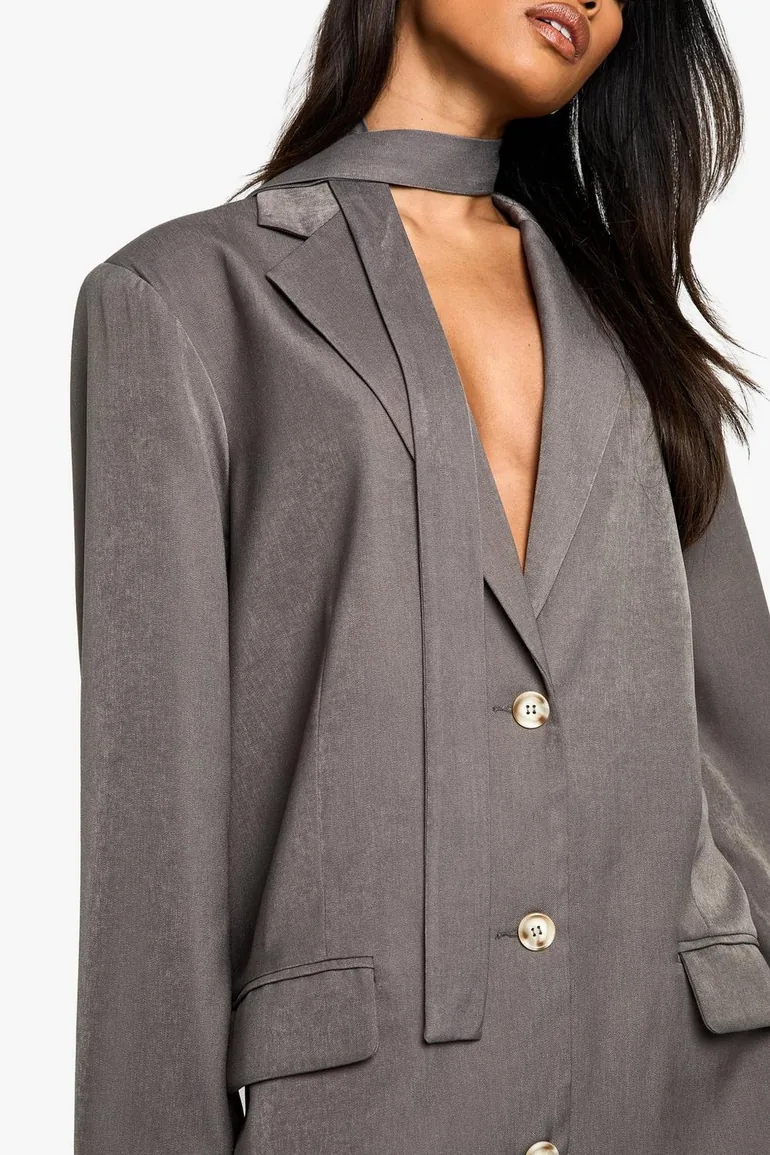 grey oversized blazer dress boohoo Women's Premium Heavy Pinstripe Oversized Blazer Dress - Brown