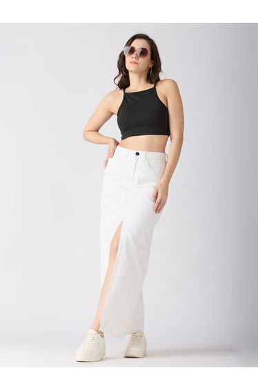 White Solid Front Slit Straight Denim Maxi Skirt