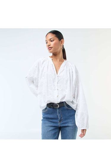 Blouse with floral embroidery WHITE