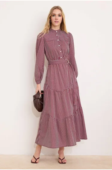 Burgundy Unlined Striped Woven Terrycotton Hijab Dress