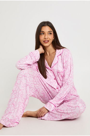 Bow Print Long Sleeve Shirt & Trouser Pyjama Set - baby pink