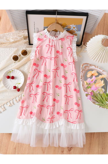 Girls Pink Bow Print Sleeveless Mesh Hem Dress