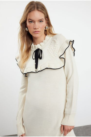 Cream Black Pile Collar Detailed Long Knitwear Dress