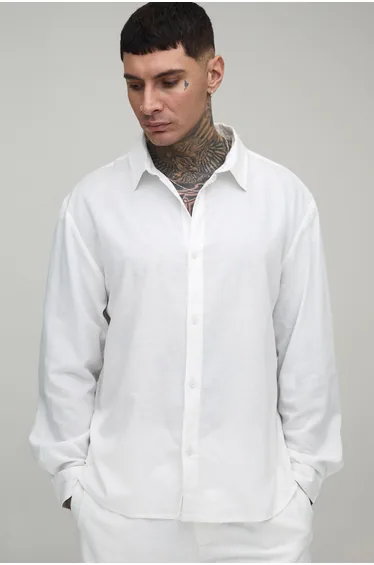 Tall Oversized Long Sleeve Linen Blend Shirt - white