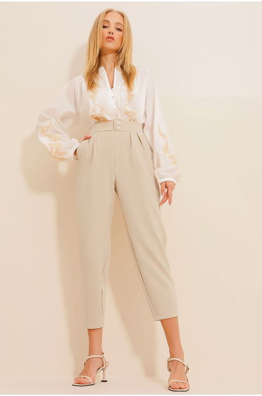 Women's Beige High Waist Carrot Trousers